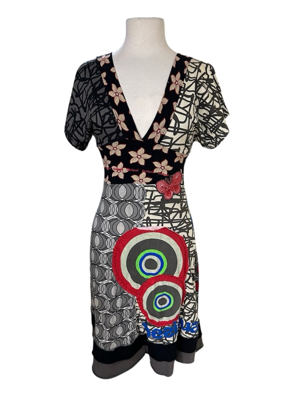 Desigual Women's Dress Xs Kimono Style Floral Print Butterfly Mixed Media Artsy